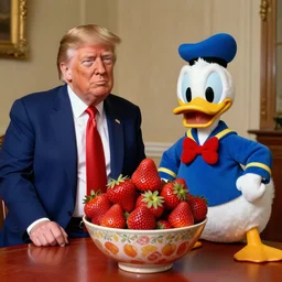 donald trump and donald duck are sitting in front of a bowl of stawberries, in the style of rembrandt
