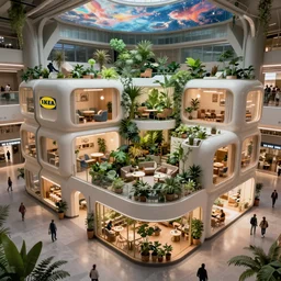 very wide cinematic high angle shot inside a scifi combination of capsule hotel!! and shopping mall as ikea ad, modern lush condo as shopfront, terrarium lounge area, very tall cathedral ceiling with mural of sky, archviz render, archdaily, scifi artstation concept, comfy lighting, mass effect, fine details, unreal engine, hyperrealism, realistic shading, blender render