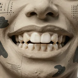 camo of lines, technical, acrylic, teeth, eerie, tribal, clay, dots, lines, stipple, points, grid, cybernetic, old painting, swirly eyes, hypnosis
