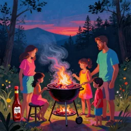 a painting of a family BBQ made with neon colored ketchups