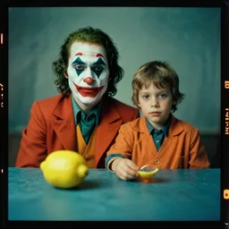 kodak portra 4 0 0, wetplate, 8 k, shot of a highly detailed, britt marling style, colour still - life portrait of a lemon looks like 1 9 9 9 joker and his son, teal and orange, muted coloures