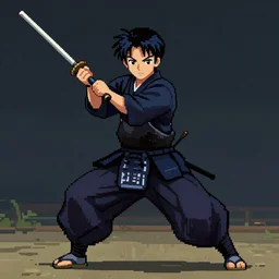 Beautiful samurai pixel art by UltraIndigoNFT and Junji Ito , post-processing , kendo stance