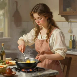 a very beautiful girl cooking, highly detailed, digital painting, artstation, concept art, smooth sharp focus, illustration, art by artgerm, greg rutkowski and alphonse mucha