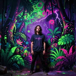 Mystic jungle - psychedelic graffiti on the wall. Colours - black (base background), purple and pink (main accents) shades of neon green (glowing). Cinematic lightning, deep shadows, photo realistic. David Lozano, Banksy style mix. Resolution 4K.