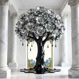 tree dripping black iridescent liquid by alex grey, flowers made of chrome, vaporwave, crisp quality and light reflections, inside a room with marble columns, transcendent, vibrant color, clean linework, finely detailed, tarot card with ornate border frame, 4 k, trending on artstation, volumetric lighting, octane render