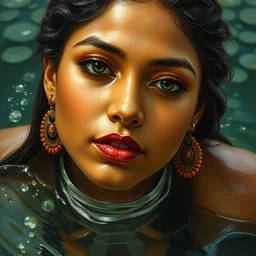 detailed potrait of pretty srilankan woman coming out of water,,, painting by james jean, craig mullins, j. c. leyendecker, lights, art by ernst haeckel,