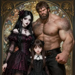 a tall attractive goth girl and a strong buff handsome man, family photo, cute, intricate, highly detailed, digital painting, artstation, concept art, smooth, sharp focus, illustration, unreal engine 5, 8 k, art by artgerm and greg rutkowski and alphonse mucha