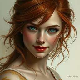 a young shy smile red head bard woman, portrait by daniel docciu and dave dorman and artgerm