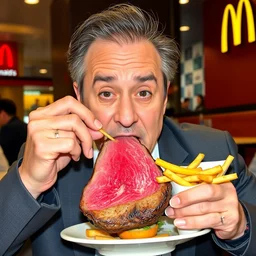 a famous hollywood personality, eating wagyu steak at a macdonalds restaurant