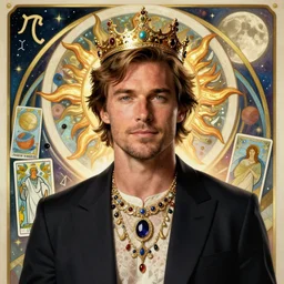 chris pine portrait by louis - theophile hingre and alphonse mucha, realistic, sharp focus, zodiac signs, tarot cards, planets, ethereal, art nouveau, magic, moon, sun, crown, dreamy, royal, jewellery
