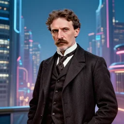 color photograph of Nicola tesla in city of future 2050, 4k,
