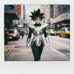 Saiyan warrior girl wild spiky black electrified hair, wearing shiny chrome silver armor, black spandex, walking through downtown Hong Kong, 1969, Polaroid