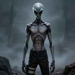 naruto, alien grey, tall, very thin, terrifying, grimdark, photorealistic
