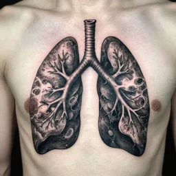 tattoo of a pair of lungs turning into ashes, black, gray, white ink, detailed, hyperrealistic trending on artstation