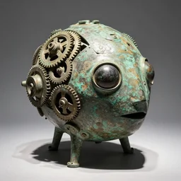 a martian artifact in a museum, bronze, old, alien, mechanical, gears