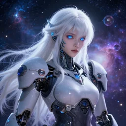 photo of a android girl on a mothership, warframe armor, beautiful face, scifi, nebula, masterpiece, universe, raytracing, dreamy, focused, sparks of light, attractive, long white hair, blue cyborg eyes, unique, 8 k high definition, insanely detailed, intricate, innocent, art by akihiko yoshida, antilous chao, woo kim