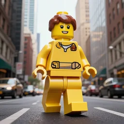 hyperrealistic giant enormous lego minifigure walking over city street, street view, epic lighting, composition, view from ground, buildings, cars, sky, road, hd, hyperrealistic