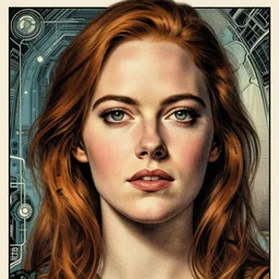 emma stone, character portrait, portrait, close up, concept art, intricate details, highly detailed, vintage sci - fi poster, retro future, vintage sci - fi art, in the style of chris foss, rodger dean, moebius, michael whelan, and gustave dore