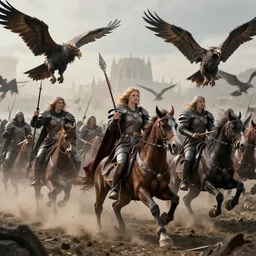 an army of valkyries riding griffins to battle,