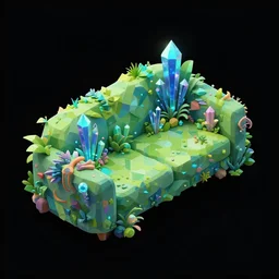 black background with an isometric sofa with an organic design based on alien bioluminescent nature aesthetic, maximalist, full of plants and glowy crystals, an asset for a mobile game. low poly full black background behance masterpiece