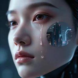 macro shot of a tear running down an android's face, reflecting a futuristic dystopia,