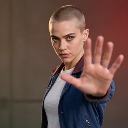 Mila Kunis with a buzzcut cast as Eleven, still from Stranger Things, She uses the force with her palm extended outwards, hyperrealistic, 8k, Octane Render,