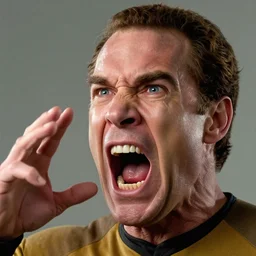 photograph of captain j. kirk from star trek screaming in terror. sharp photograph, sharp focus, highly detailed,, detailed face!!, ultra realism, dramatic lighting, zeiss lens, canon eos, detailed skin, dynamic pose, 8 k resolution, hyperrealism, portrait photography