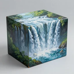 a box covered in waterfalls, photography, ultra realistic, painted box