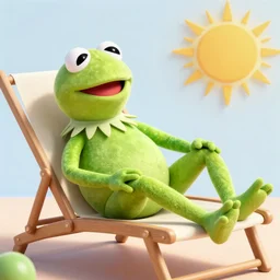 “ kermit the frog, reclining on a chaise lounge, with the sun shining in the background, fabric, quilt ”