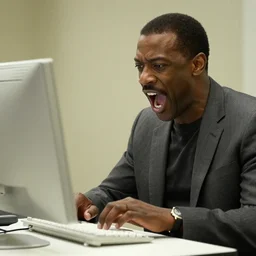 film still of danny glover yelling at a computet