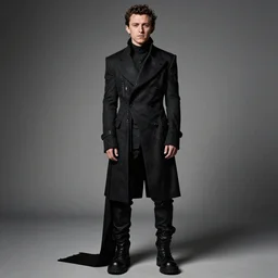 tom holland, portrait of a tom holland wearing rick owens clothing, rick owens drkshdw, darkwear look and clothes, we see them from feet to head, highly detailed and intricate, luxury, outfit photo, trending on instagram,