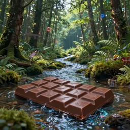 a river of chocolate in a forest, futurism, high fantasy, magical elements, vibrant colors, lush landscape, sharp details, high res eautiful lighting, digital art, octane rendered, studio light, glowing lights, holographic undertones, epic fantasy, extremely detailed, establishing shot, realistic materials, hyperrealistic, high delicate defined details, 8 k
