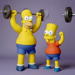 photograph of Homer Simpson and Bart Simpson try bodybuilding, photorealistic in the style of Annie Leibovitz, Studio Lighting