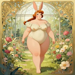 a stunning vector portrait of a thicc and voluptuous palutena dressed as a beautiful jessica rabbit with hair tied in a braid walking through a flowering garden, greenhouse in the background, intricate, elegant, highly detailed, digital painting, artstation, concept art, ultra sharp focus, illustration, art by jugendstil and greg rutkowski and alphonse mucha