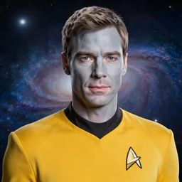 Jim Parsons ad commander data, star trek , yellow uniform,grey skin, grey eyes, galaxy as background
