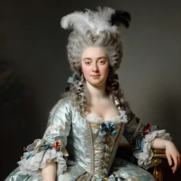 madame de pompadour howith her hair piled up high adored with feathers and ribbons, wearing a beatiful 1 8 th century dress with flounces and ribbons, rococo style, francois boucher style, highly detailed, very realistic, painterly style
