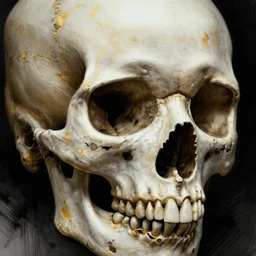 skull, close - up portrait, powerful, intricate, elegant, volumetric lighting, digital painting, highly detailed, artstation, sharp focus, illustration, concept art, intricate ink pen, gold leaf