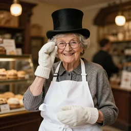 a smiling lovely cute granny in a white french bakery apron and mitts with a top hat and monocle. dimly lit french bakery background. beautiful lighting. editorial photography