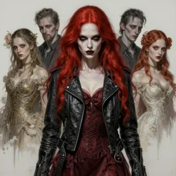 portrait painting of a devious pale woman with long red hair wearing a badass leather jacket and a dress, ultra realistic, concept art, intricate details, eerie, highly detailed, photorealistic, octane render, 8 k, unreal engine. art by artgerm and greg rutkowski and charlie bowater and magali villeneuve and alphonse mucha