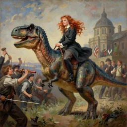 hermione granger riding a t - rex, liberty leading the people style, painting