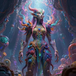 a psychedelic being living in an extradimensional reality, in the style of wlop, illustration, epic, fantasy, hyper detailed, smooth, unreal engine, sharp focus, ray tracing, physically based rendering, renderman, beautiful