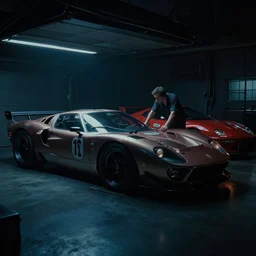 Bladerunner 2049 scene of man tuning his sports car in garage dark atmospheric volumetric lighting moody dark cinematic Roger Deakins Cinematography futuristic cyberpunk car GT40 Le Mans GTR R35 Viper RX-8 S14 Lan Evo X ikuo maeda Newton Thomas Sigel