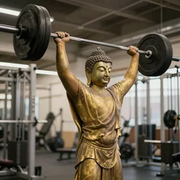 the buddha lifting weights in the gym