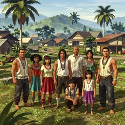 highly detailed huaorani family - on its side in gta v, in a town in the ecuadorian amazon, stephen bliss, unreal engine, fantasy art by greg rutkowski, loish, rhads, ferdinand knab, makoto shinkai and lois van baarle, ilya kuvshinov, rossdraws, tom bagshaw, global illumination, detailed and intricate environment - h 7 6 8