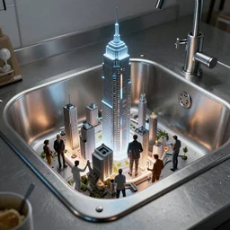 futuristic city contained inside stainless steel kitchen sink by ross tran, thierry doizon, craig mullins, ilya kuvshinov, artgerm, edward hopper, dan mumford, wlop, rutkovsky, carl spitzweg, moebius, unreal engine 5, lumen, nanite