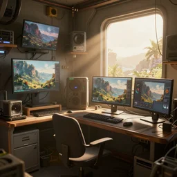 detailed scifi artstation scene of a complex computer workstation in a small studio apartment room, many monitors, many electronics, a window view, maximalism, volumetric light, sunny amber morning light, sun beam, atmospheric haze, fine details, unreal engine, hyperrealism, realistic shading, blender render, photorealistic, wide shot
