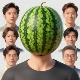 a semi realistic man with a watermelon head rendering by bana benedick, denning guy, eng kilian, fujita goro and jones, peter andrew
