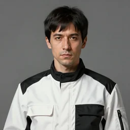 Portrait of a man by Greg Rutkowski, he is about 40 years old, short black hair with bangs, his features are a mix between French, Turkish and Russian, dad vibes, he is wearing a white and black utility jumpsuit, highly detailed portrait, digital painting, artstation, concept art, smooth, sharp foccus ilustration, Artstation HQ.