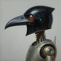 side view of cybernetic raven black bird beak helmet. game informer ( 1 9 8 9 ). studio lighting. droid. dieselpunk. realism oil on canvas by ralph mcquarrie