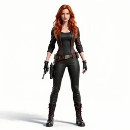 red-haired secret agent with gadgets, detailed 3d character render, full body, standing, isolated on a pure white background, centered, whole figure in frame, sharp focus, studio lighting